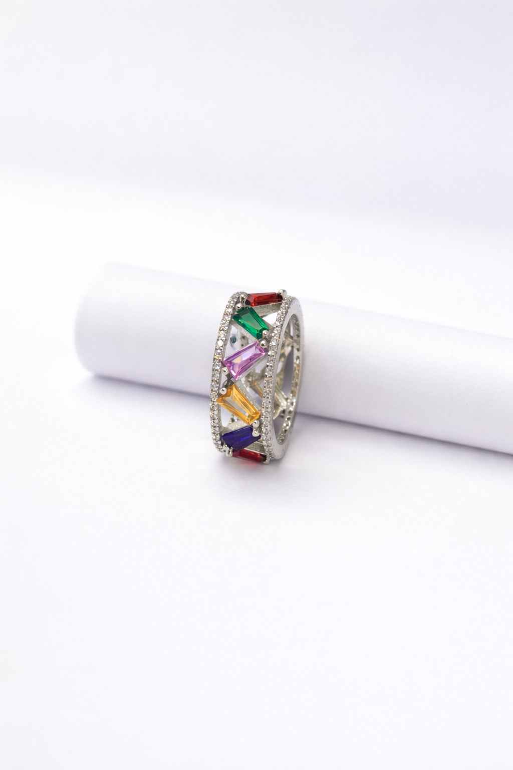 Multicolor Baguette Eternity Ring in 925 Silver