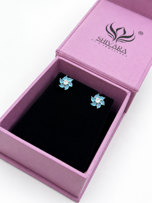92.5 sterling silver-Aqua Floral Sparkle Studs