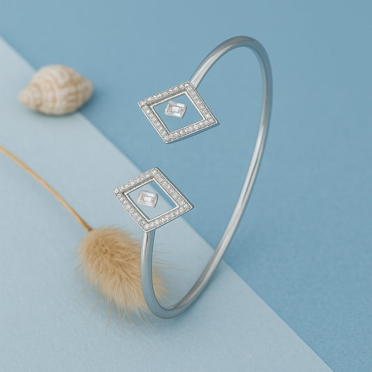 Silver Bangle with Square Diamond Accents