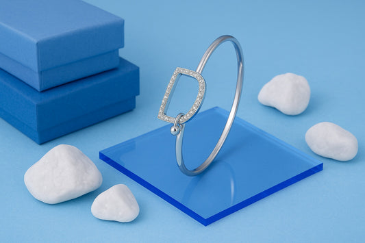 Minimalist Geometric Silver Bangle with Crystal Accents