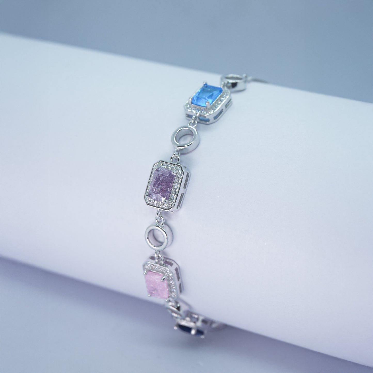 Luxury Silver Bracelet with Multicolor Rectangular Gemstones