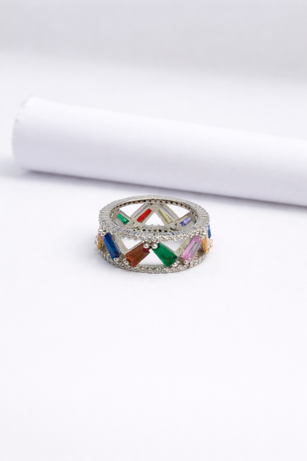 Multicolor Baguette Eternity Ring in 925 Silver
