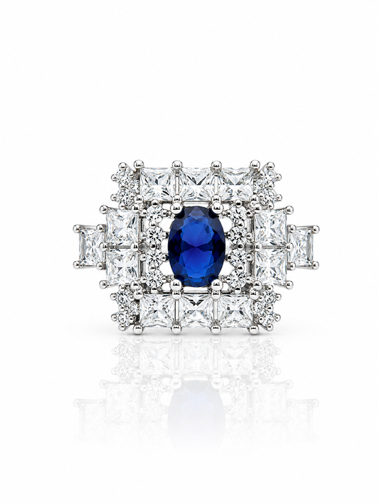 Royal Blue Sapphire Halo Ring – 92.5 Sterling Silver