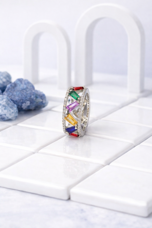 Multicolor Baguette Eternity Ring in 925 Silver