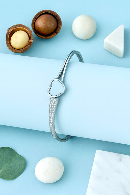 Silver Heart Charm CZ Bangle