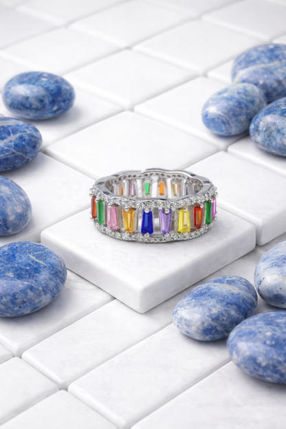 Rainbow Baguette Eternity Ring – 925 Sterling Silver