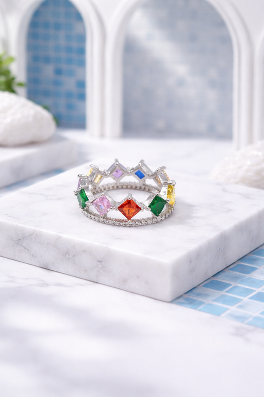 Multicolor Crown Statement Ring – 925 Sterling Silver