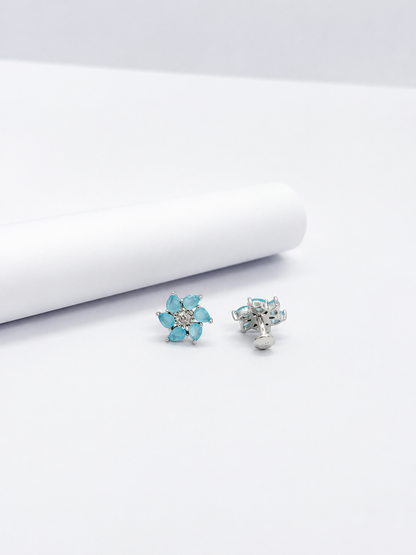 92.5 sterling silver-Aqua Floral Sparkle Studs