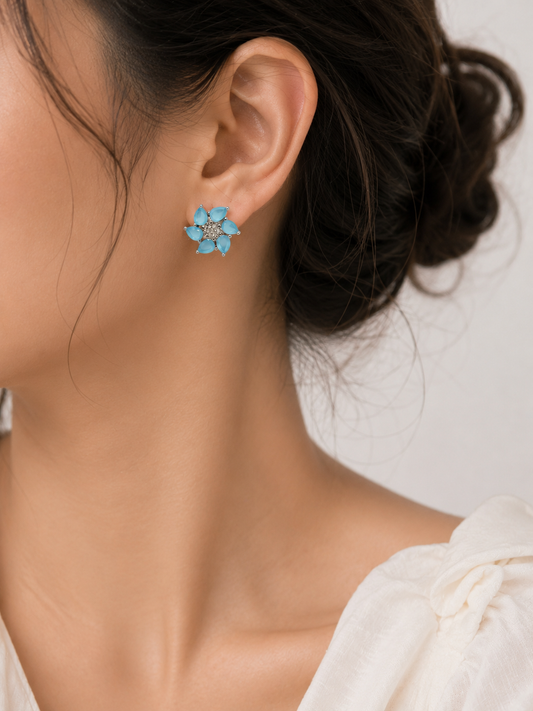 92.5 sterling silver-Aqua Floral Sparkle Studs