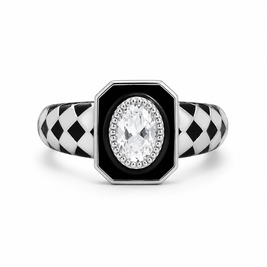 Geometric Black Enamel Crystal Ring
