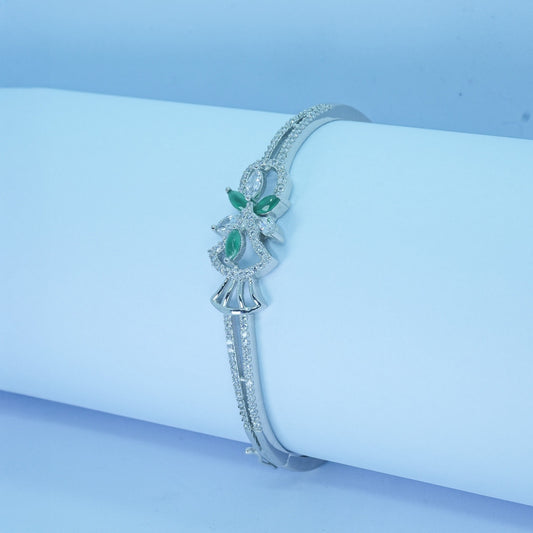 Silver Bangle with Green Leaf Design & CZ Stones
