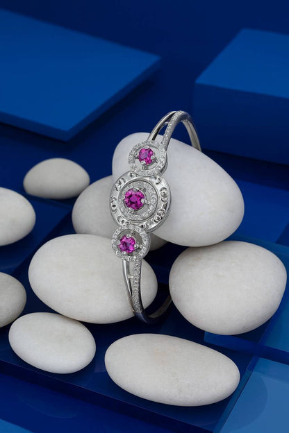 Silver Bangle with Triple Pink CZ Halos