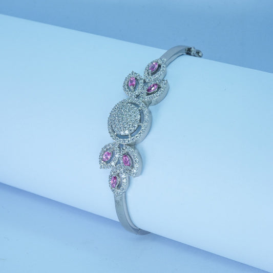 Elegant Floral Silver Bangle with Pink Stones