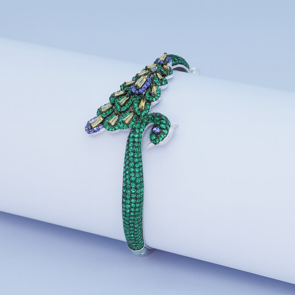 Silver Peacock Design Bangle with Multicolor CZ Stones