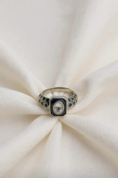 Geometric Black Enamel Crystal Ring