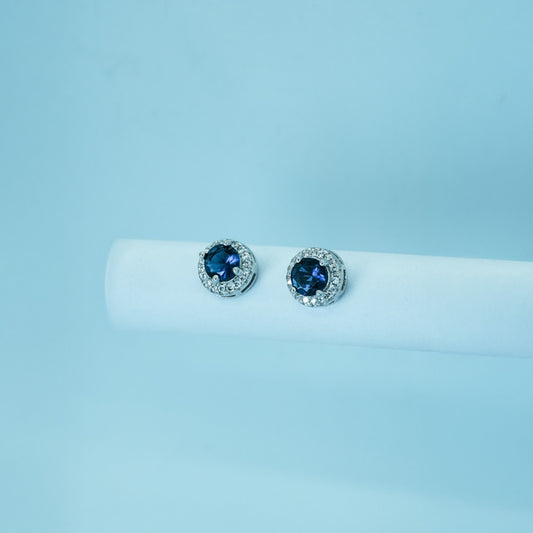 Blue Stone Stud Earrings with Halo Diamonds